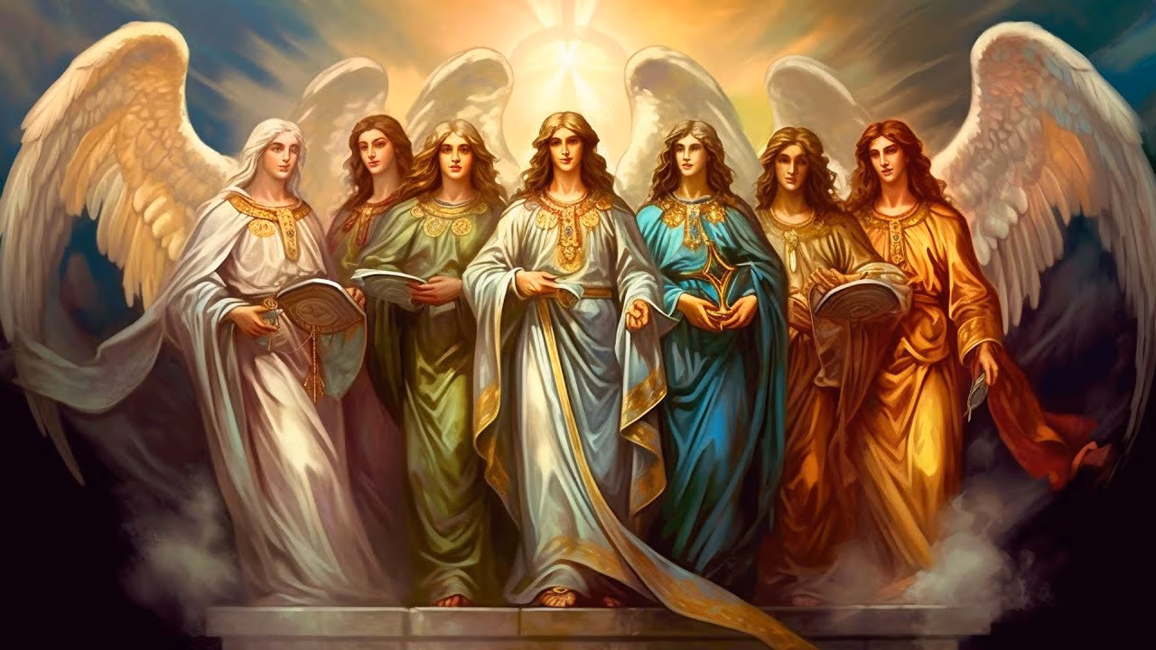 The 7 archangels standing together.
