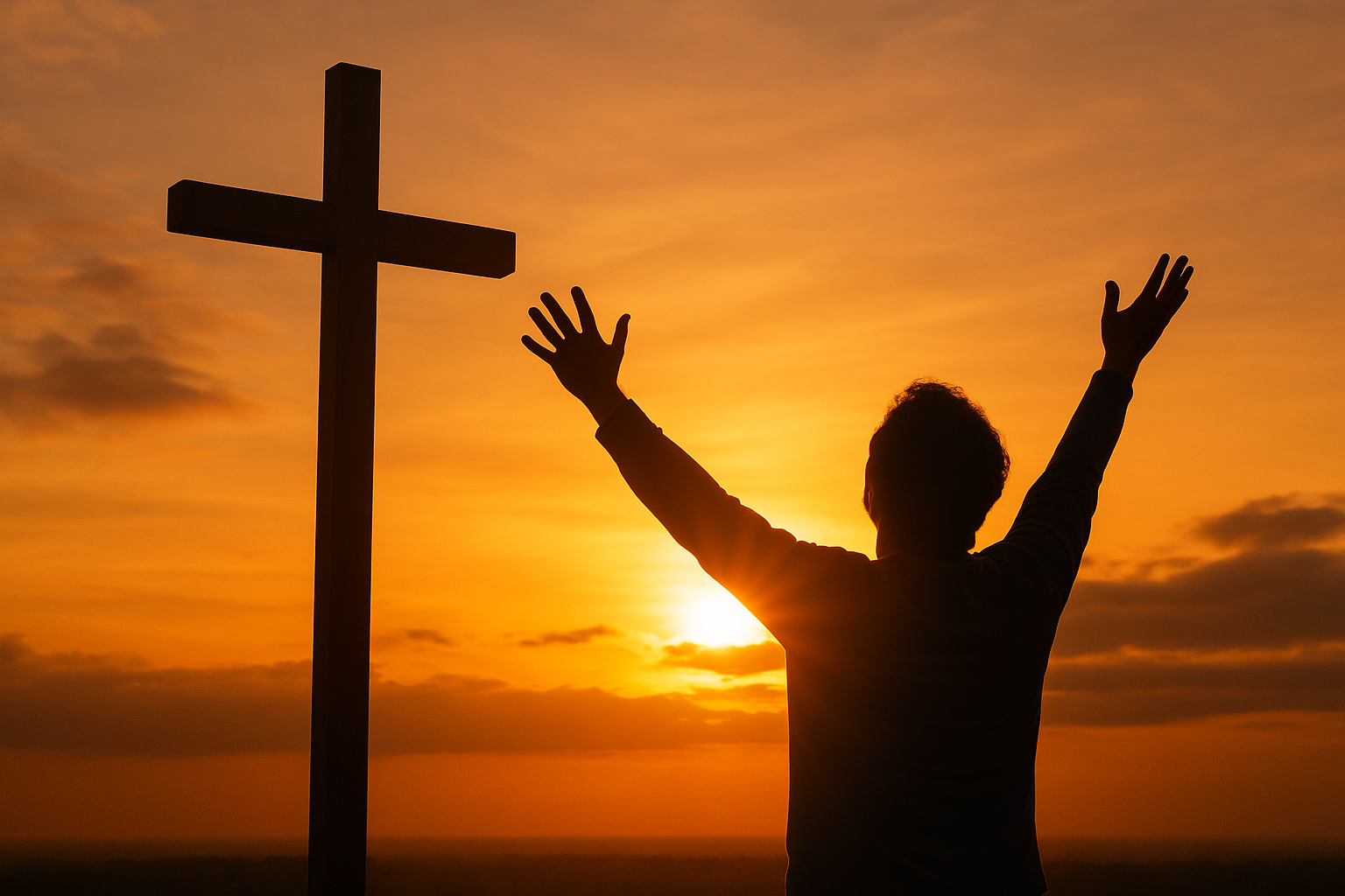 A believer being born again, raising their arms to a cross.