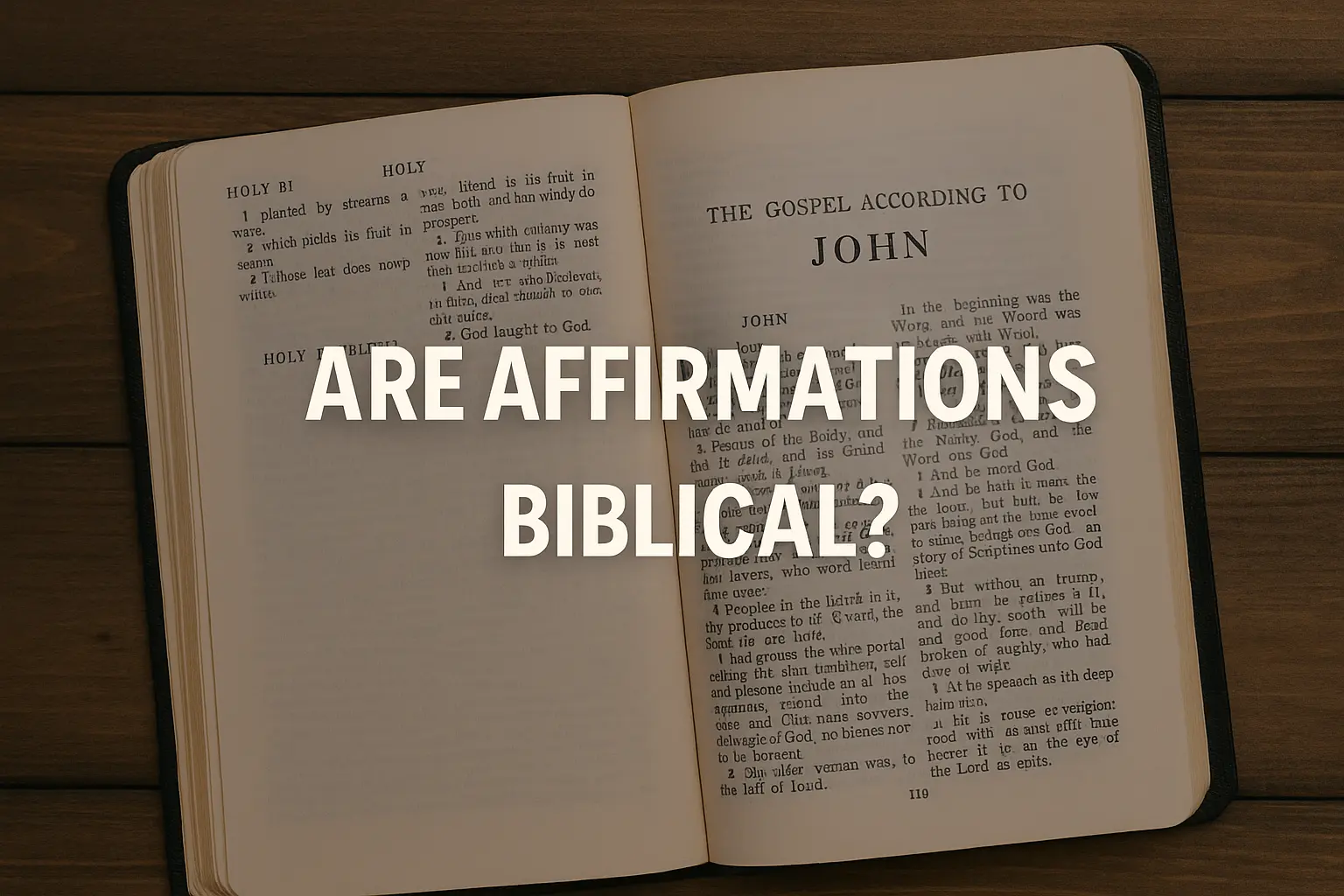 Open Bible on a wooden table with warm light, featuring overlaid text that reads “Are Affirmations Biblical?”