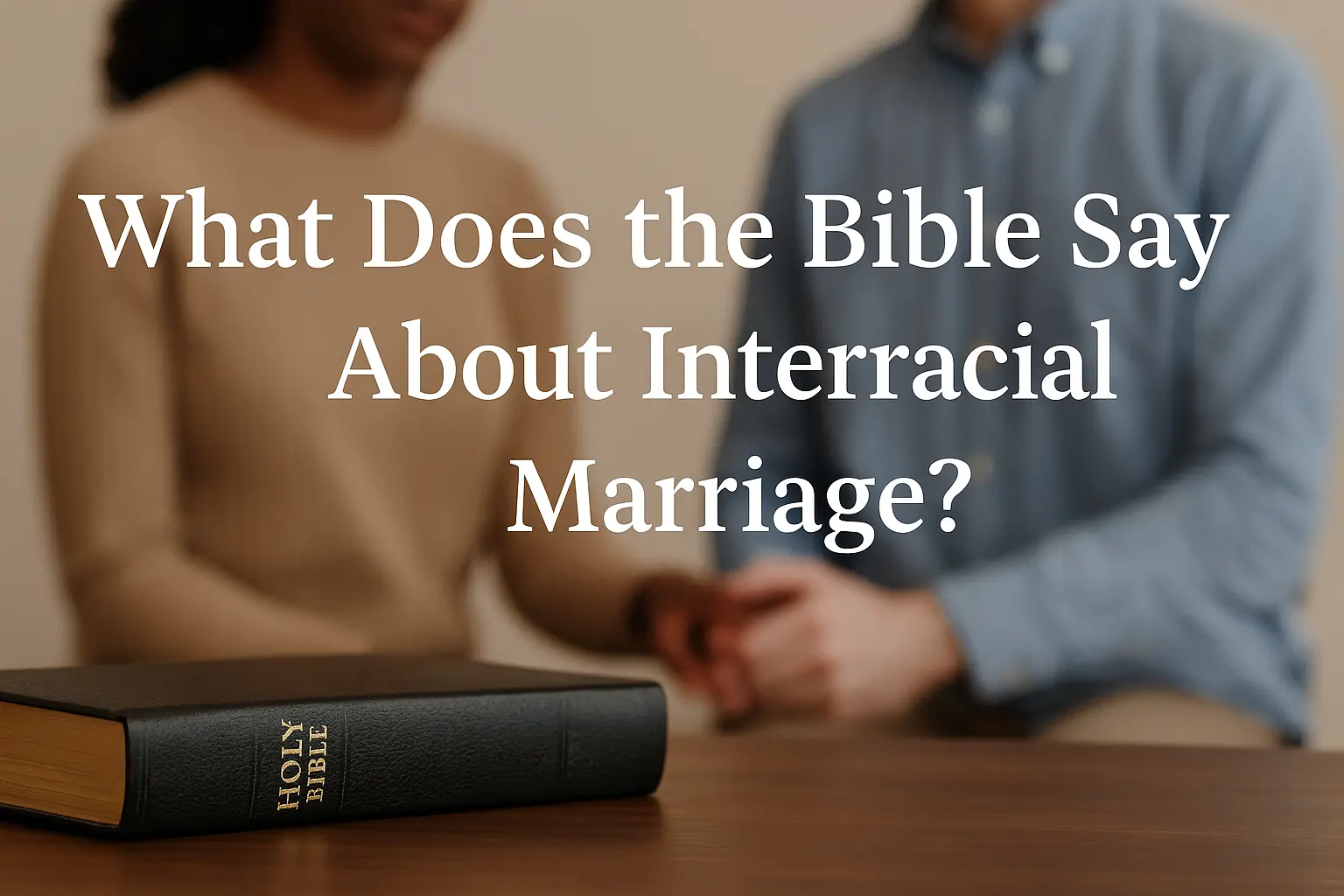 A Holy Bible rests on a wooden table in the foreground, with an interracial Christian couple holding hands softly in the blurred background. The overlaid text reads, “What Does the Bible Say About Interracial Marriage?”