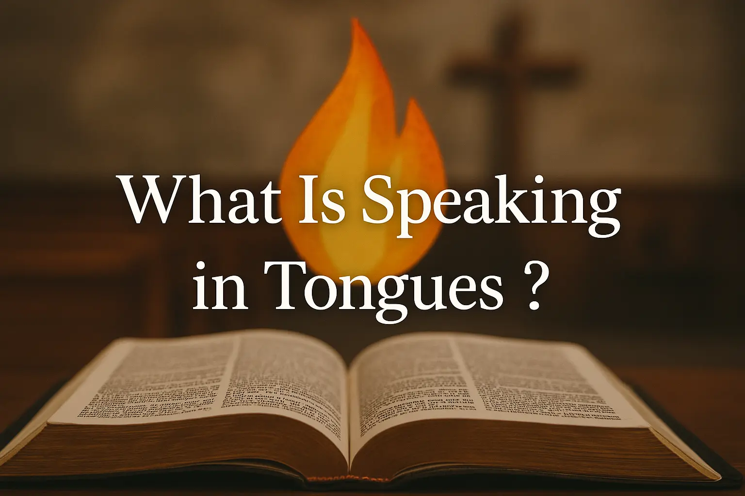 An open Bible rests on a wooden table inside a softly lit church. A glowing flame symbol appears above the pages with a blurred cross in the background. Overlaid white text reads, “What Is Speaking in Tongues?”
