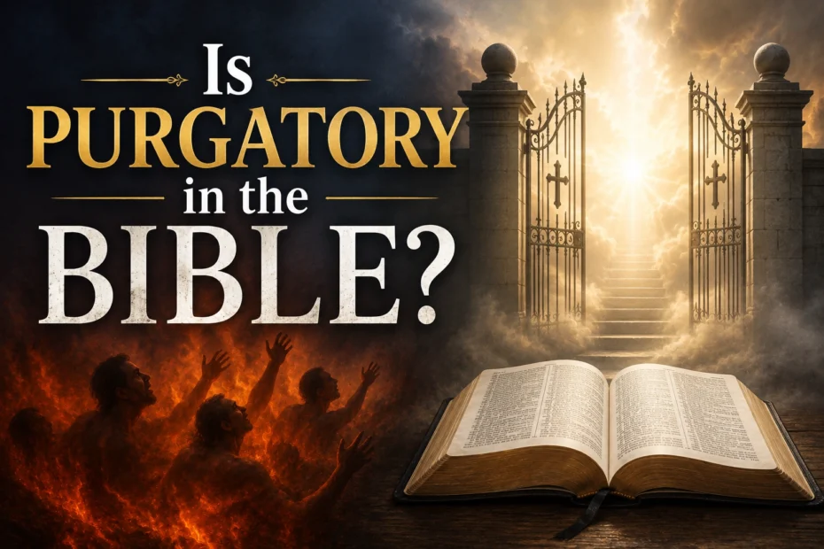 Horizontal featured image showing fiery flames with silhouetted figures reaching upward on one side and glowing heavenly gates with an open Bible on the other. Large text overlay reads: ‘Is Purgatory in the Bible?’