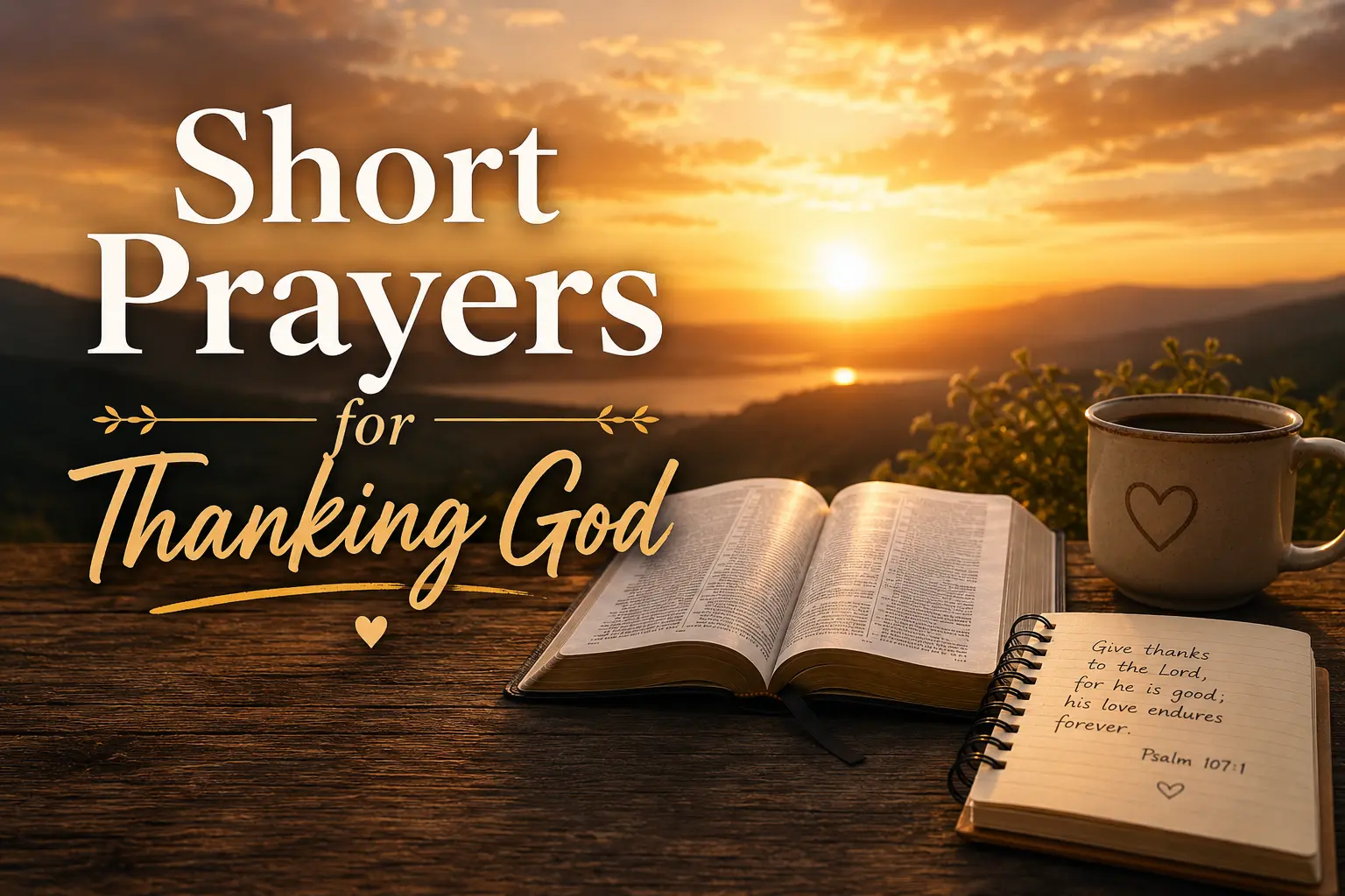 A table overlooking a sunset in a valley with mountains surrounding a lake. A Bible, coffee mug, and notebook with a Bible verse written in it are sitting on the table. Overlaid text reads "Short prayers for thanking God."