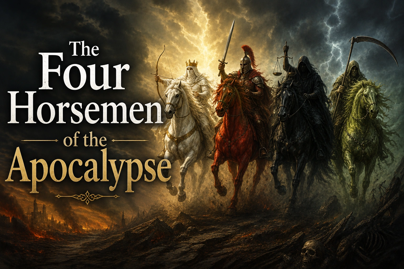 Horizontal featured image showing the Four Horsemen of the Apocalypse riding across a dark, fiery landscape beneath storm clouds and lightning. Each rider is mounted on a different horse and carries symbolic weapons, while large text overlay reads: ‘The Four Horsemen of the Apocalypse.’