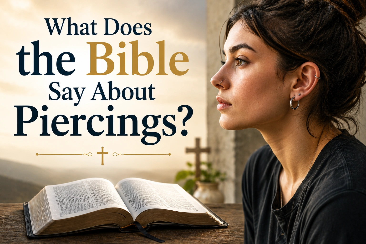 Horizontal featured image showing a young woman with multiple ear and nose piercings sitting beside an open Bible on a wooden table. A cross is visible in the background, and large text overlay reads: "What Does the Bible Say About Piercings?"
