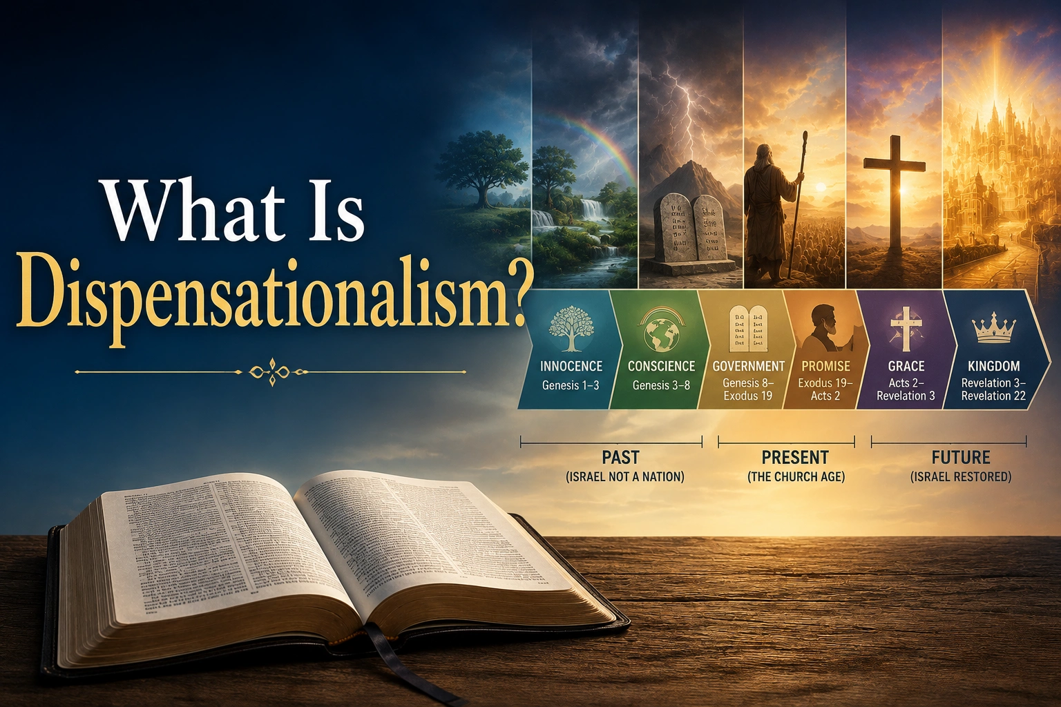 Horizontal featured image showing an open Bible with a timeline-style visual of biblical eras and symbolic imagery in the background. Warm light shines across the scene, with large text overlay reading: ‘What Is Dispensationalism?’