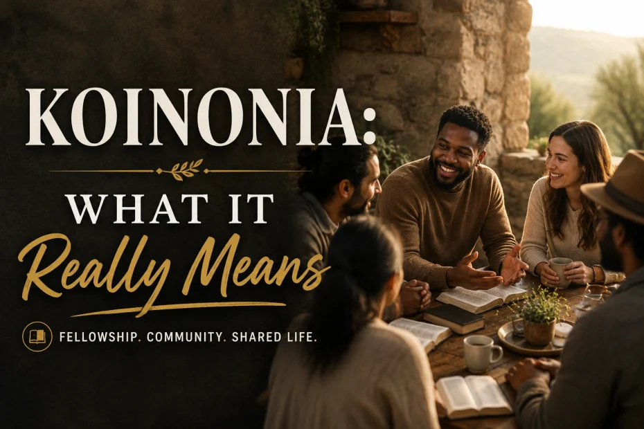 Horizontal featured image showing a diverse group of people gathered around a table studying the Bible, sharing conversation, and enjoying fellowship in a warm, inviting setting. Large text overlay reads: ‘Koinonia: What It Really Means.’