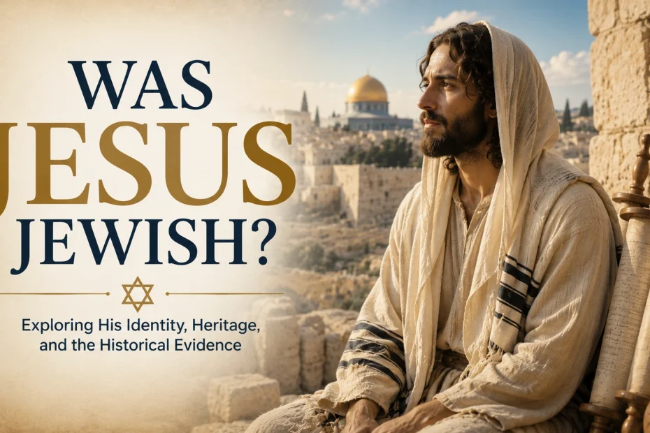 Horizontal featured image depicting Jesus in traditional Jewish clothing beside Torah scrolls, overlooking ancient Jerusalem. Large text overlay reads: ‘Was Jesus Jewish?’