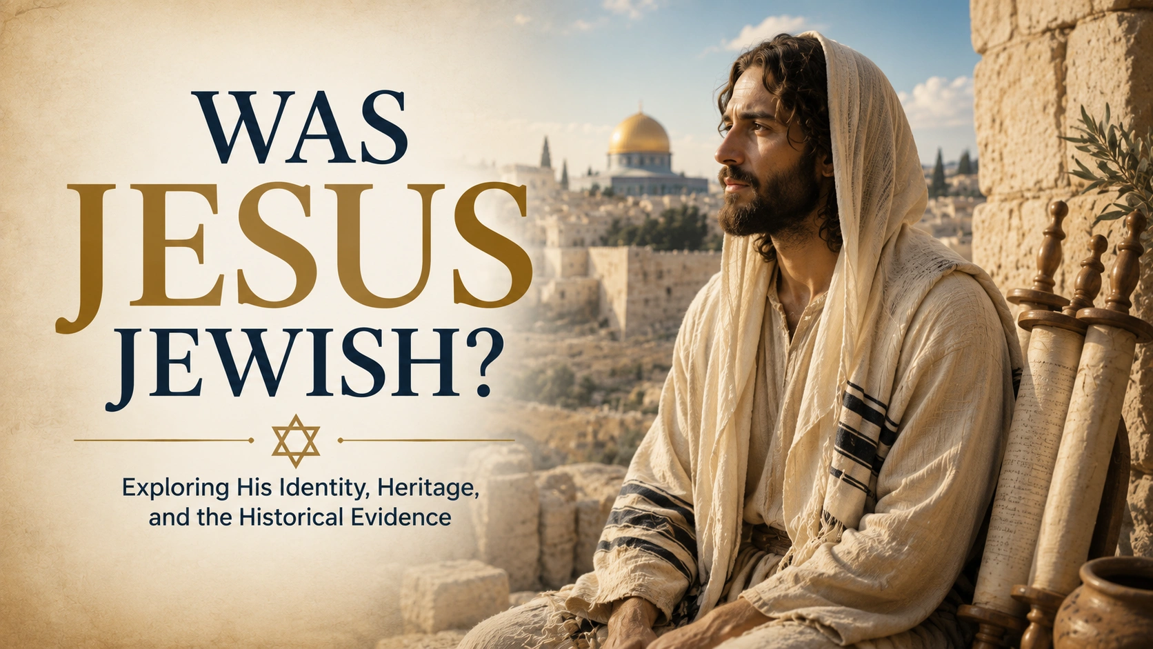 Horizontal featured image depicting Jesus in traditional Jewish clothing beside Torah scrolls, overlooking ancient Jerusalem. Large text overlay reads: ‘Was Jesus Jewish?’