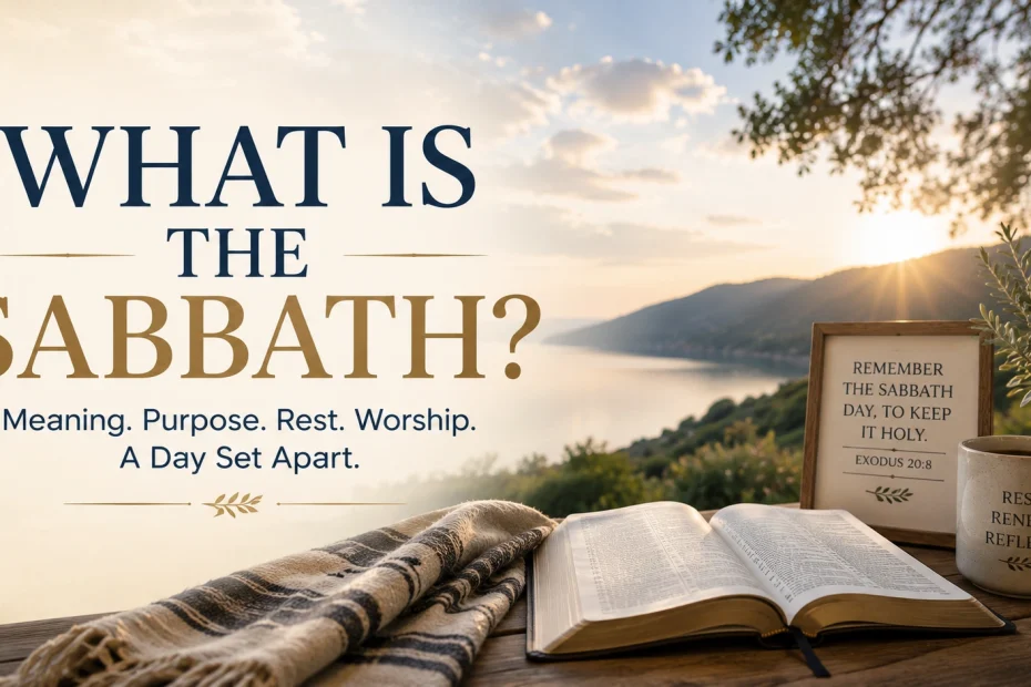 Horizontal featured image showing an open Bible on a wooden table overlooking a peaceful lake at sunrise, alongside a framed Scripture and coffee mug about Sabbath rest. Large text overlay reads: “What Is the Sabbath?”