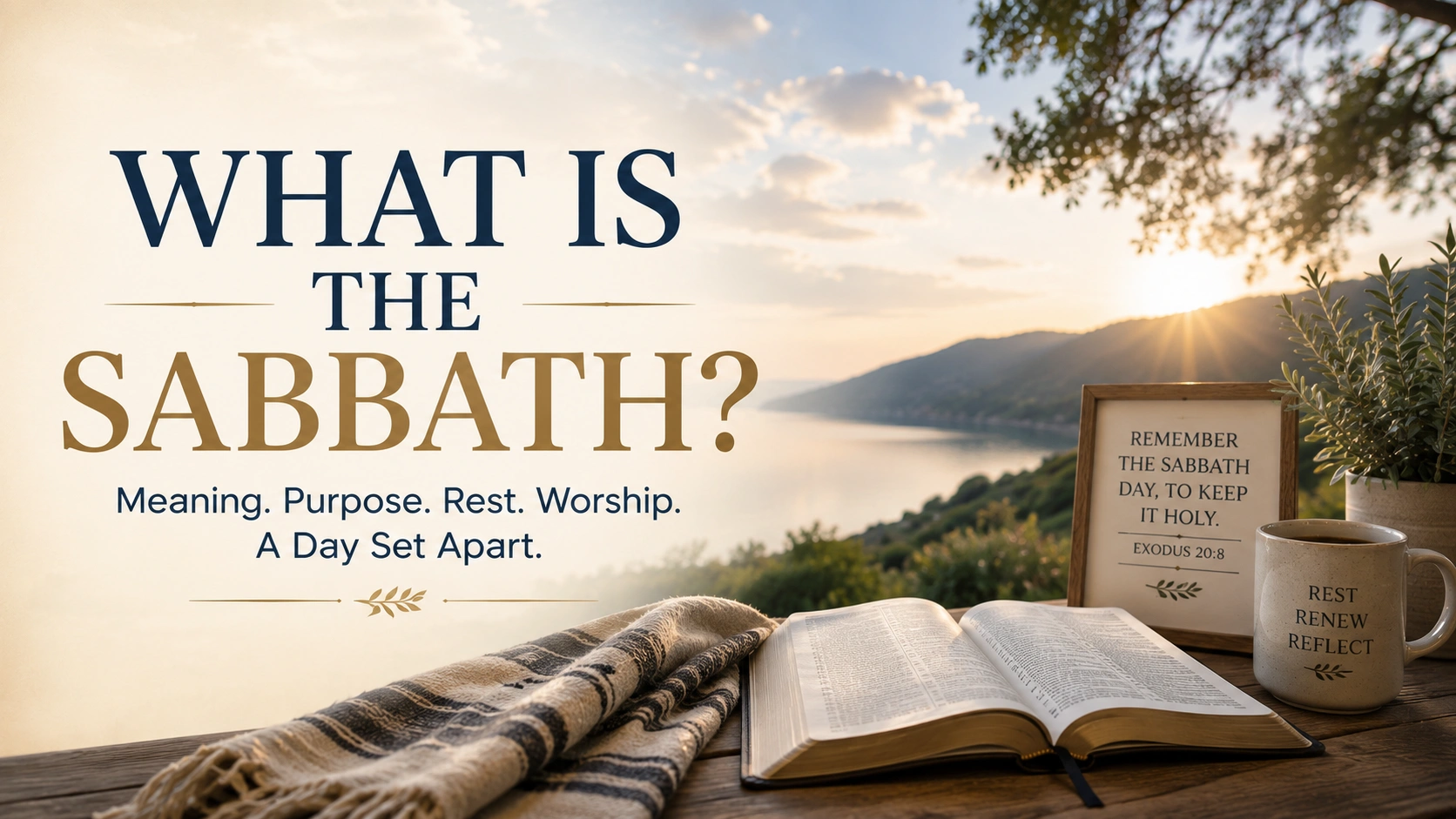 Horizontal featured image showing an open Bible on a wooden table overlooking a peaceful lake at sunrise, alongside a framed Scripture and coffee mug about Sabbath rest. Large text overlay reads: “What Is the Sabbath?”