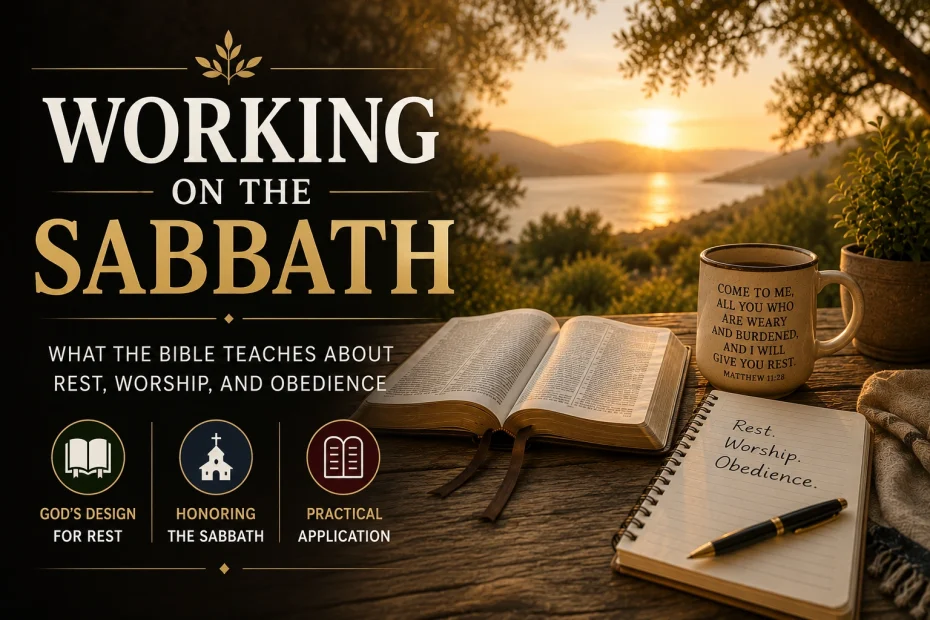 Horizontal featured image showing an open Bible, journal, and coffee mug on a wooden table overlooking a peaceful sunset landscape. Large text overlay reads: ‘Working on the Sabbath.’