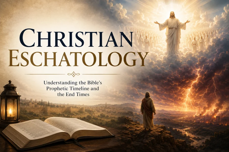 Horizontal featured image depicting Christian eschatology with an open Bible, ancient Jerusalem, a dramatic end-times landscape, and Jesus appearing in the clouds with angels. Large text reads: “Christian Eschatology.”
