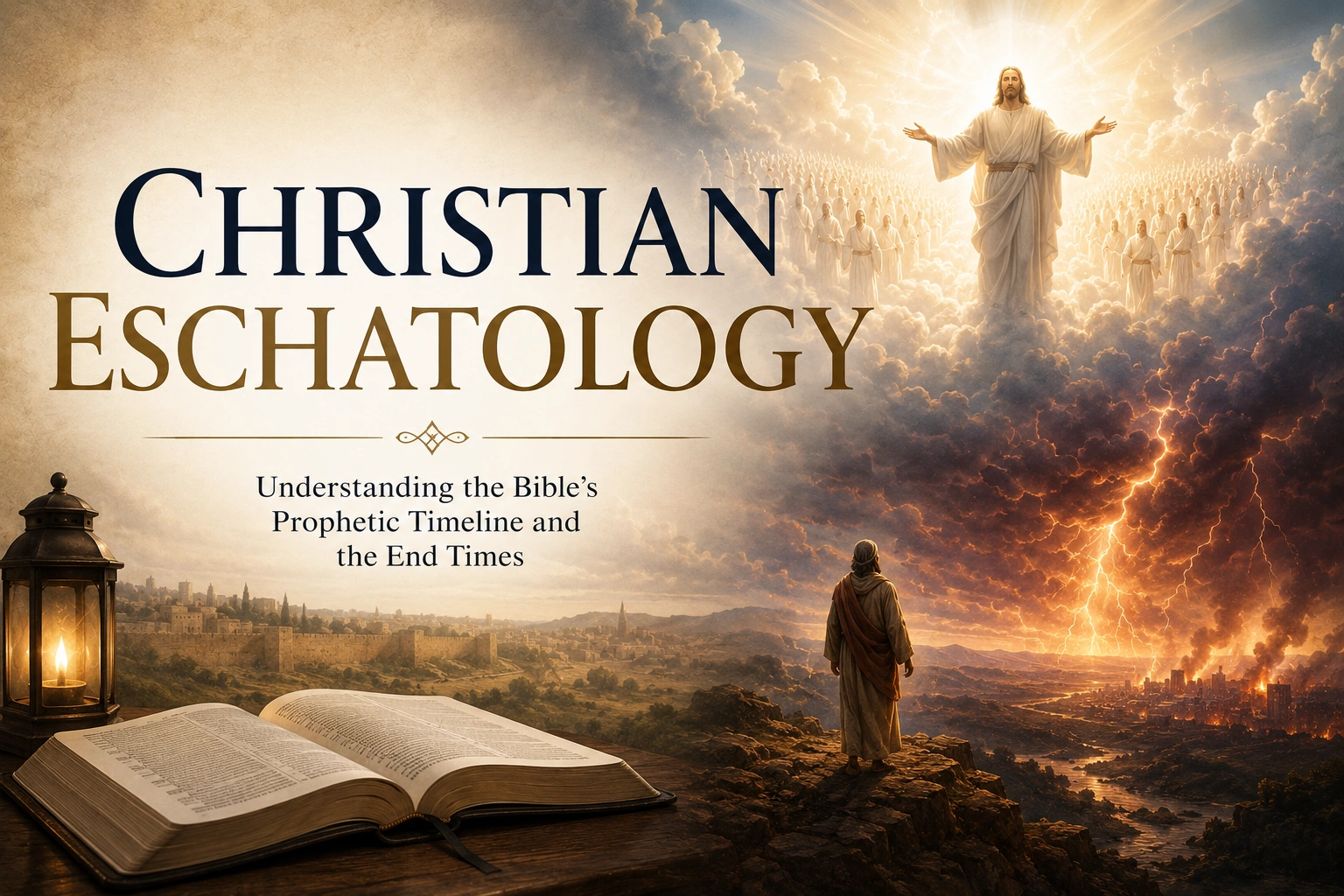 Horizontal featured image depicting Christian eschatology with an open Bible, ancient Jerusalem, a dramatic end-times landscape, and Jesus appearing in the clouds with angels. Large text reads: “Christian Eschatology.”
