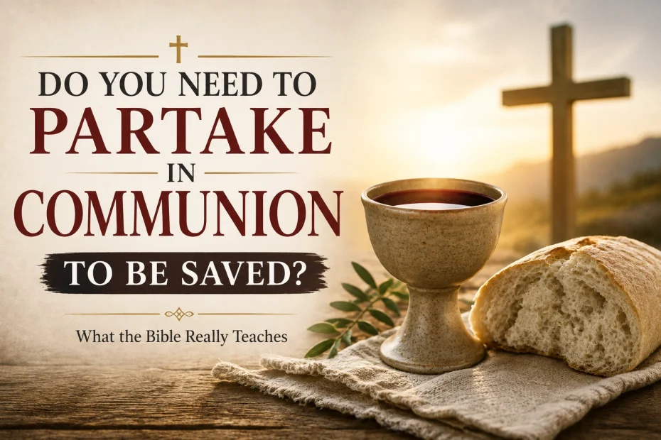 Horizontal featured image showing communion bread and a cup of wine with a cross in the background. Large text reads: “Do You Need to Partake in Communion to Be Saved?”