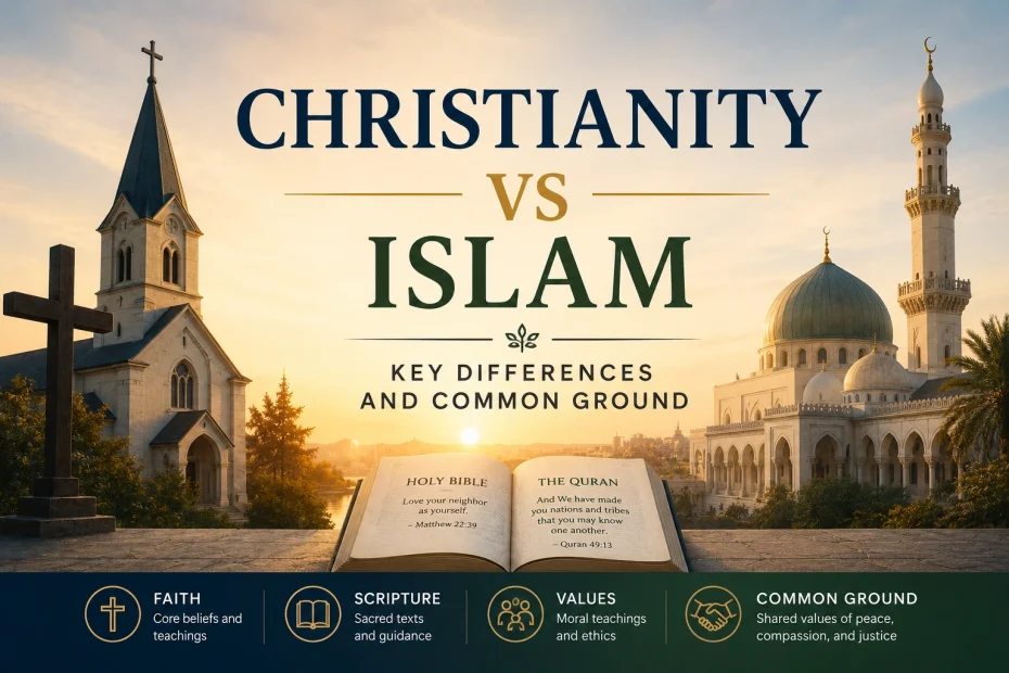 Horizontal featured image comparing Christianity and Islam, showing a Christian church and cross beside an Islamic mosque and minaret, with a Bible and Quran in the foreground. Text reads: “Christianity vs Islam: Key Differences and Common Ground.”